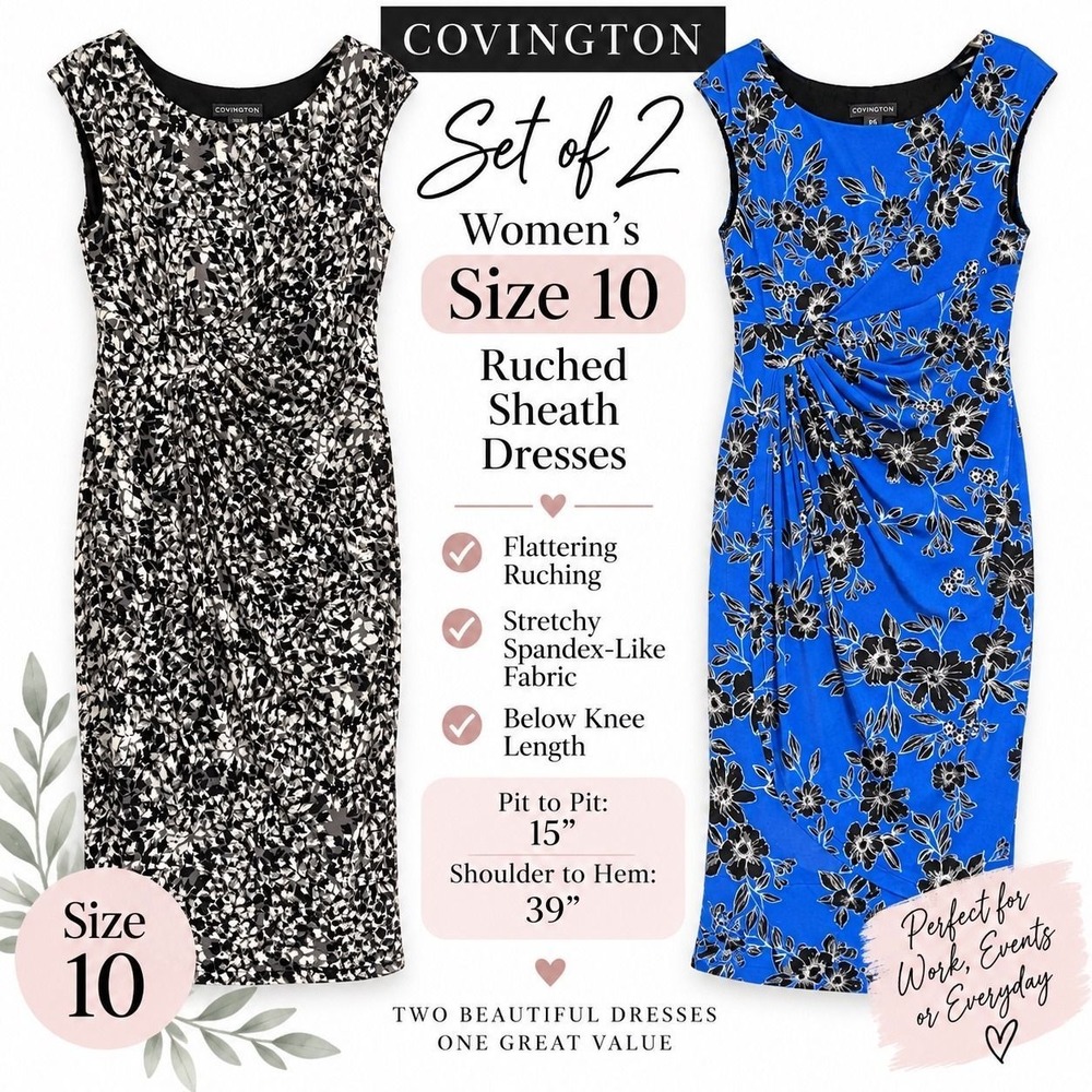Covington Women's Size 10 Lot of 2 Ruched Sheath body on Midi Dresses Stretch